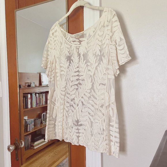 Capri Off-White Palm Leaves Embroidered Sheer Short-Sleeved Top Boho Beach [L] - Picture 2 of 6